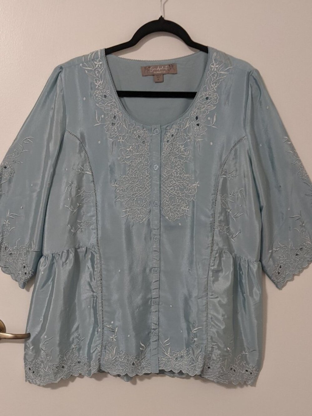 Sandpoint Coldwater Creek Dusty Blue Blouse XL Embroidered Boho Cottagecore - Picture 2 of 13